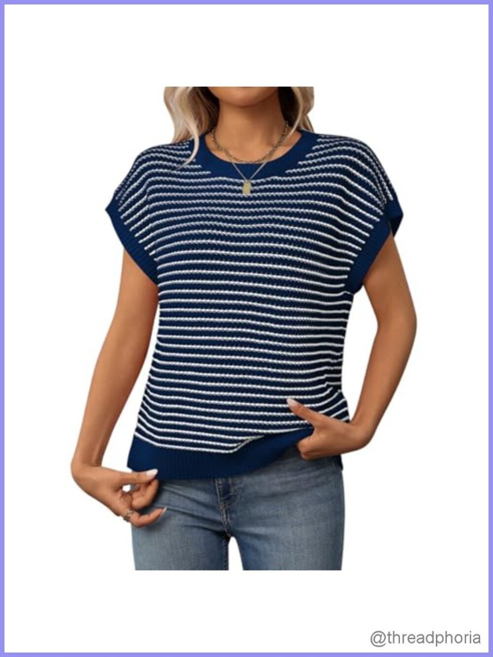 Women's Striped Short Sleeve Knit Pullover Sweater Crewneck Summer Top